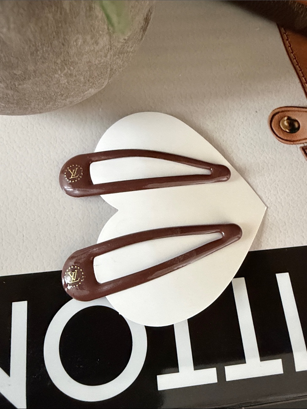 Louis Vuitton Brown Snap Hair Clips with Gold Logo - Set of 2
